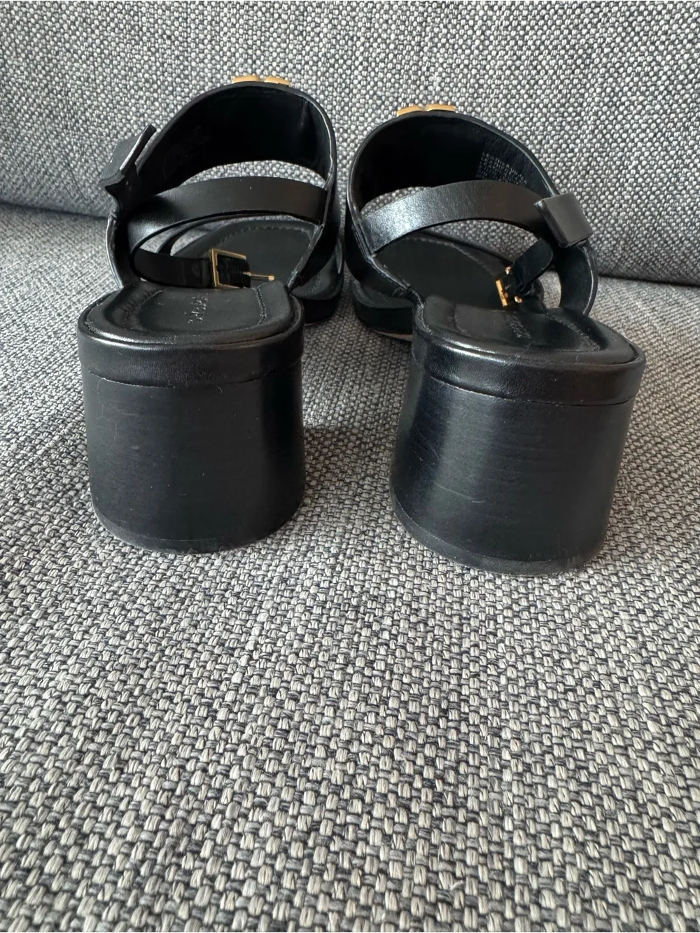 Tory Burch Black Leather Slingback Sandals with Gold Logo Accent